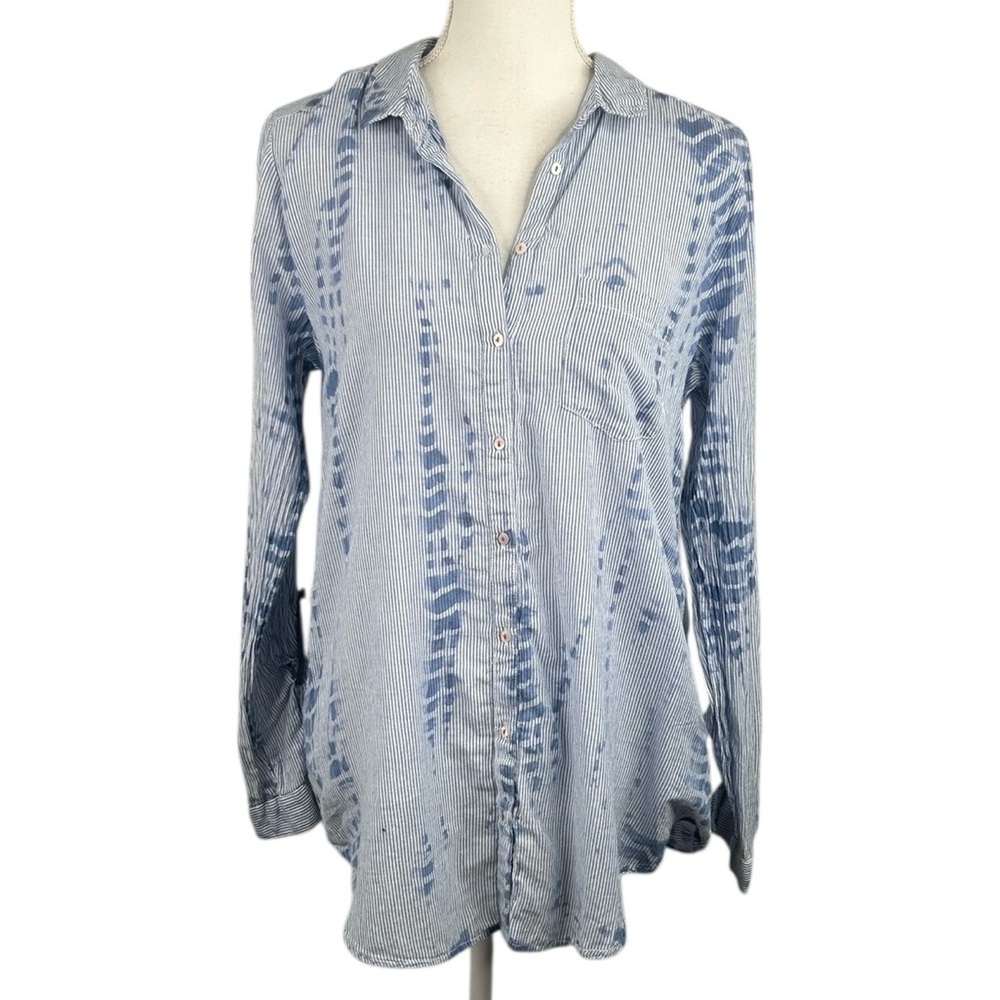 Heihei Blue & White Stripe Blotch Print Button Up Long Sleeve Top Size‎ Medium